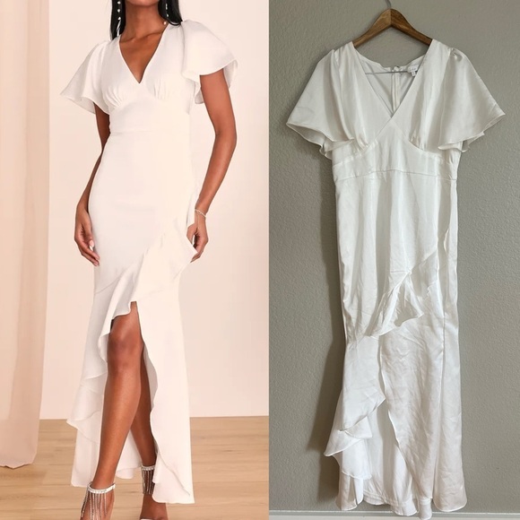 Eternal Bond White Satin Ruffled Flutter Sleeve Maxi Dress - Picture 1 of 10